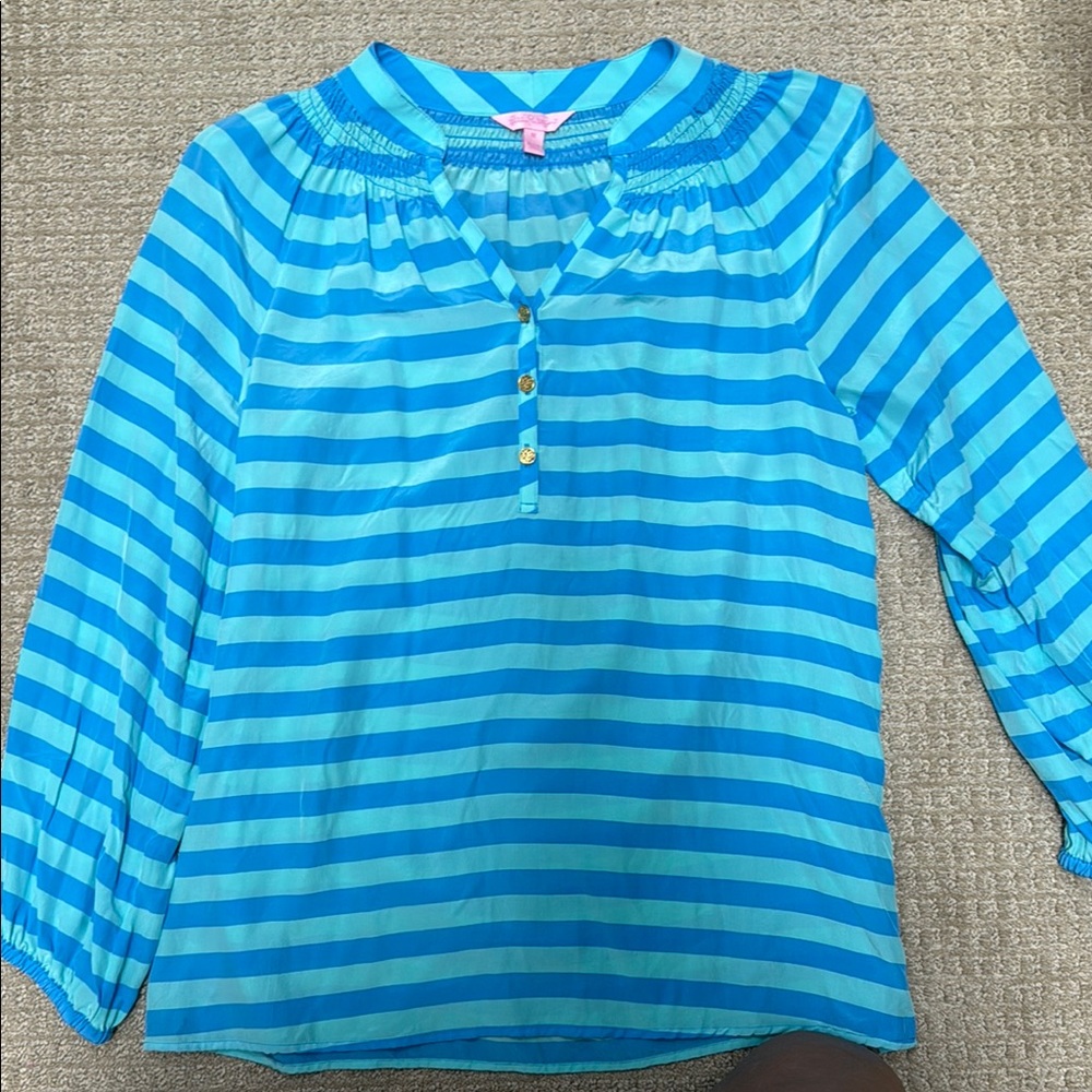 Lilly Pulitzer Blue Striped Blouse with Billowy Sleeves